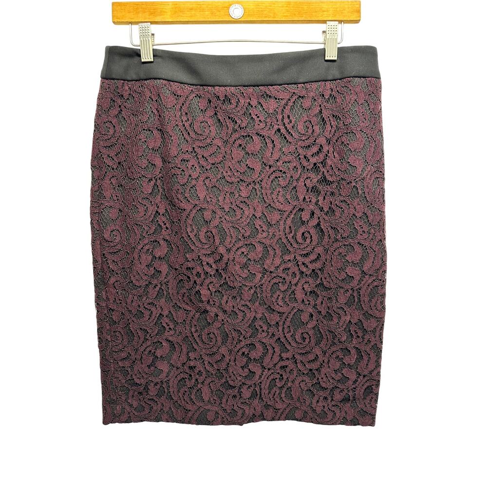 Ann Taylor‎ LOFT Burgundy Lace Pencil Skirt Women's Size 8 Floral Overlay Lined